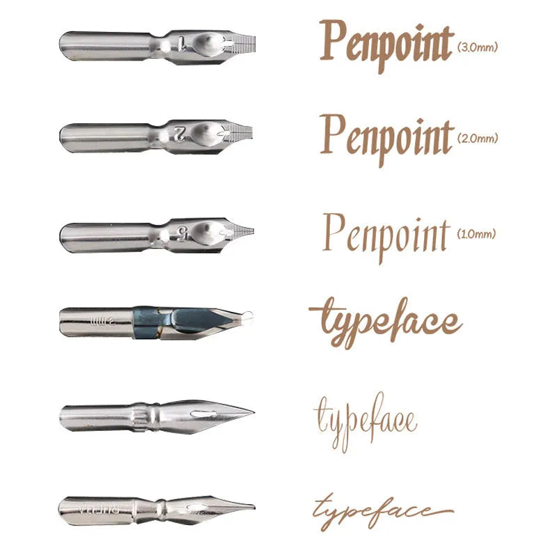 Black wooden calligraphy dip pen with six stainless steel nibs on card packaging