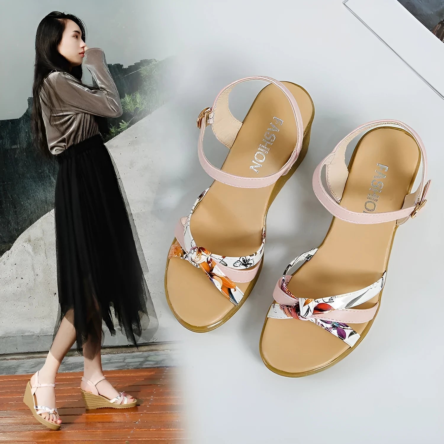Pink women's wedge sandals with a thick heel, fish mouth opening, and a buckle strap.