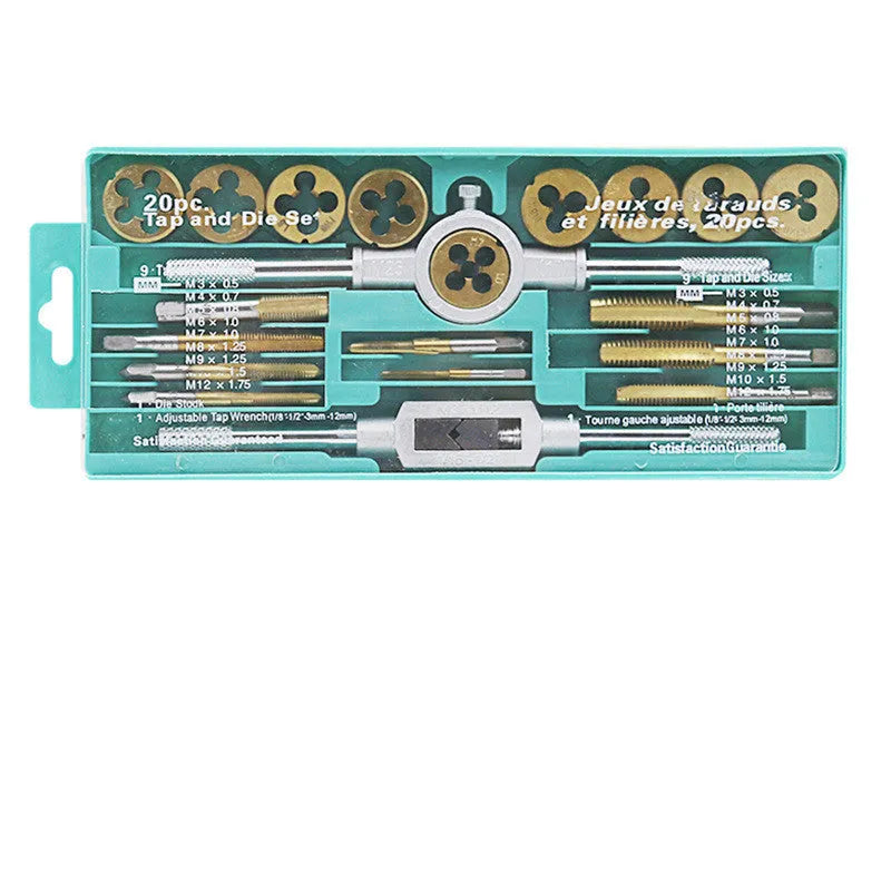 A 20-piece metric tap and die set with a wrench, shown in silver and titanium-plated finishes.