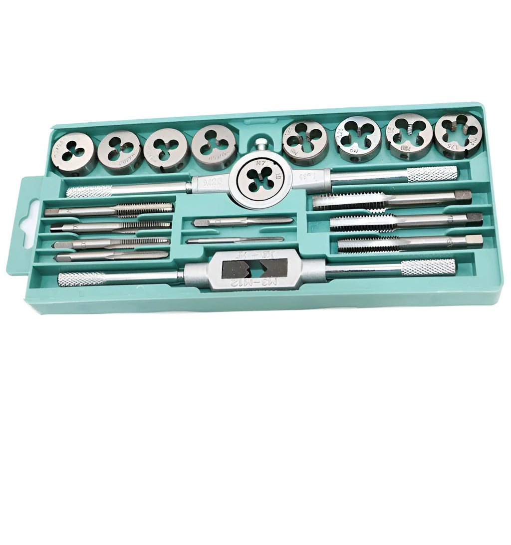 A 20-piece metric tap and die set with a wrench, shown in silver and titanium-plated finishes.