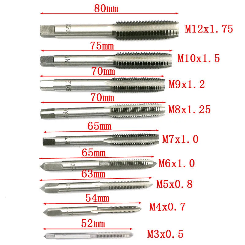 A 20-piece metric tap and die set with a wrench, shown in silver and titanium-plated finishes.
