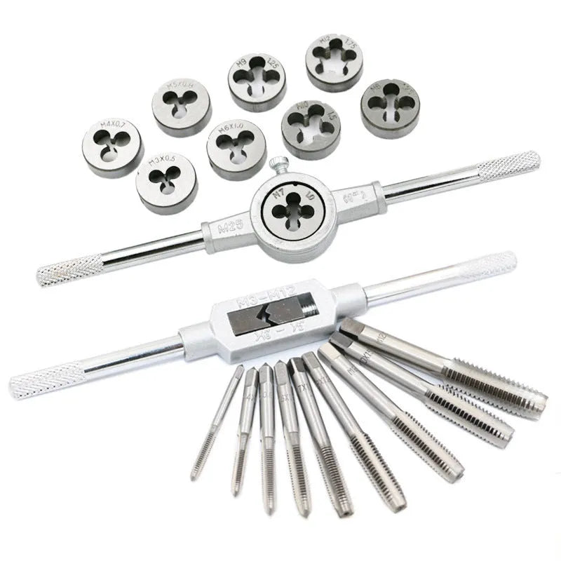 A 20-piece metric tap and die set with a wrench, shown in silver and titanium-plated finishes.