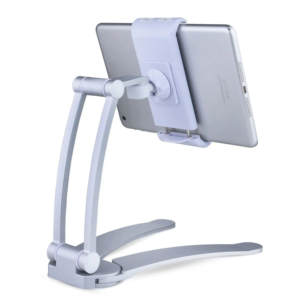 Folding phone and tablet stand for 4-10 inch devices in silver or black, for desktop and bedside use