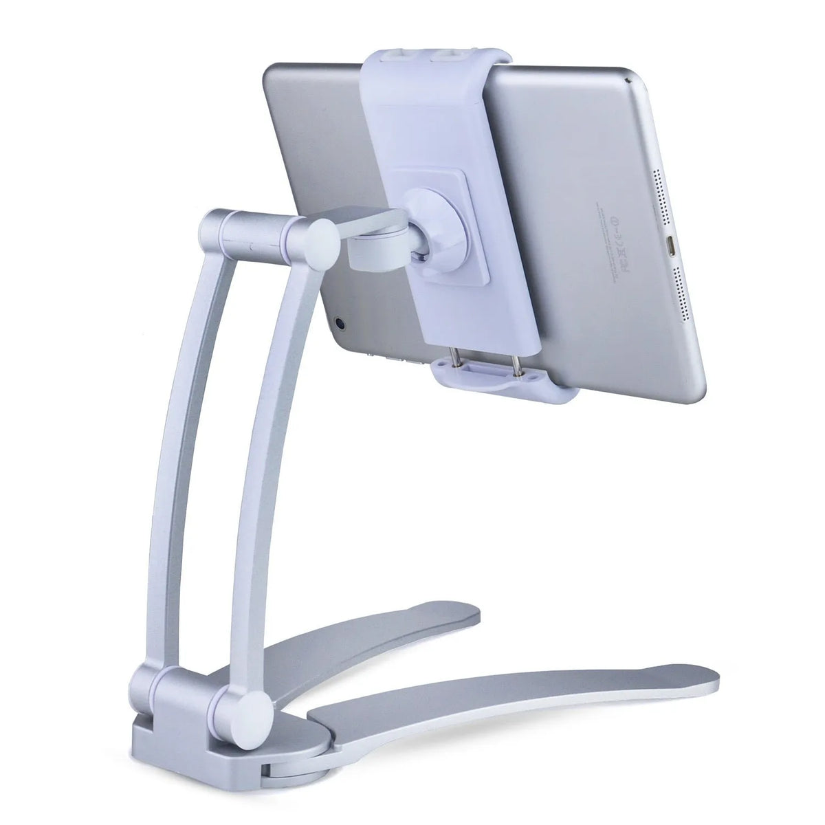 Folding phone and tablet stand for 4-10 inch devices in silver or black, for desktop and bedside use