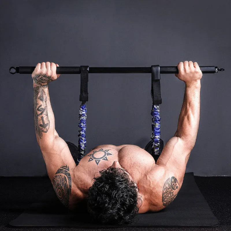 Bench press chest expander elastic belt in camouflage colour with nylon material and metal components