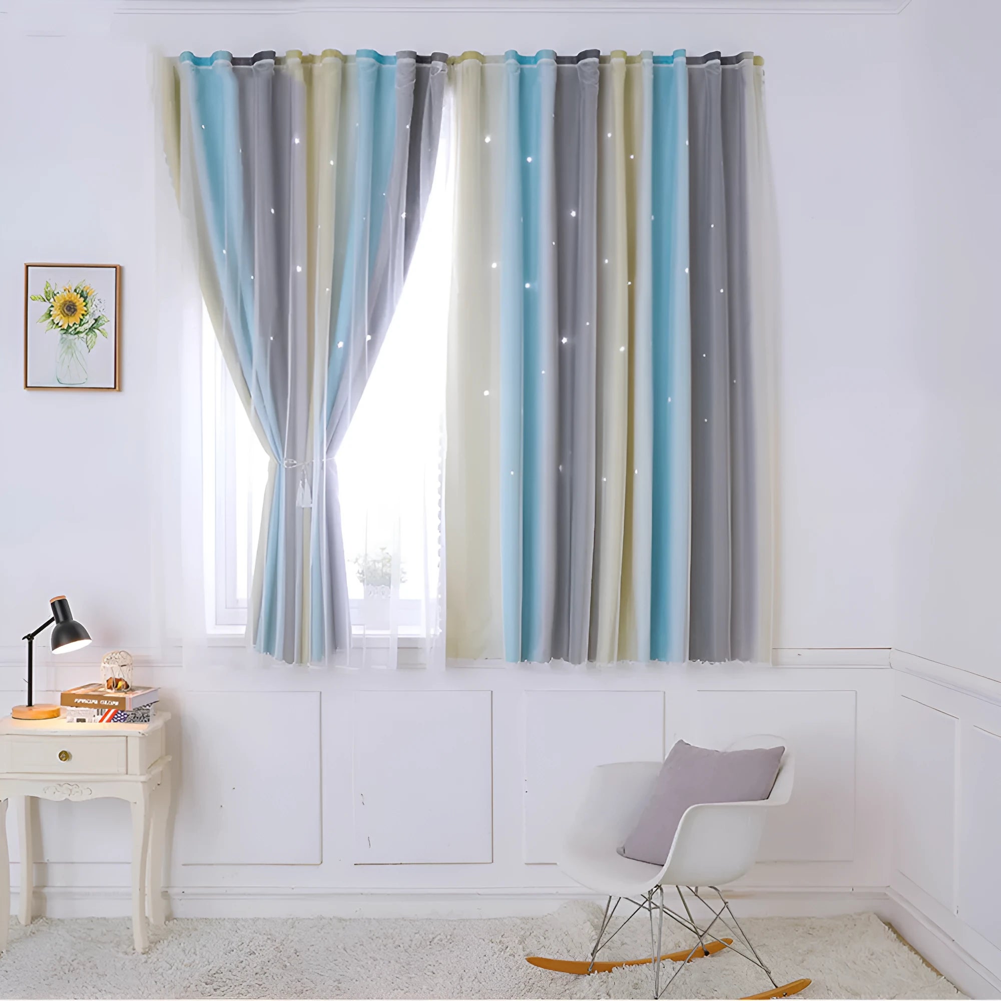 Grey and yellow rainbow gradient blackout curtain for girls bedroom with star-shaped cut-outs