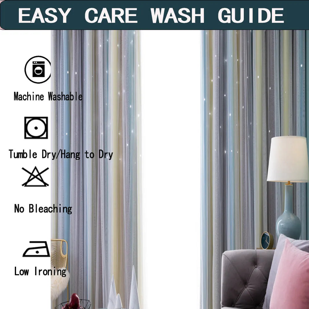 Grey and yellow rainbow gradient blackout curtain for girls bedroom with star-shaped cut-outs