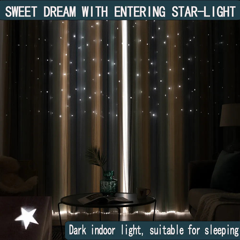 Grey and yellow rainbow gradient blackout curtain for girls bedroom with star-shaped cut-outs