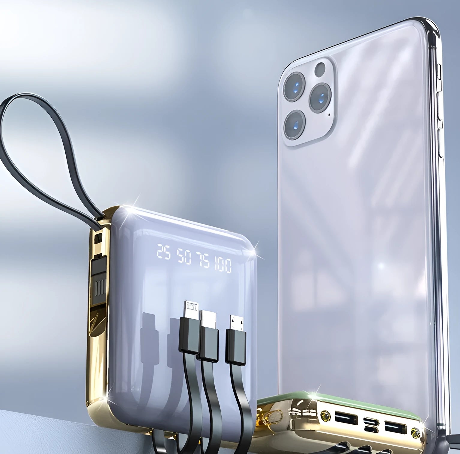 Sharing power bank with four attached charging cables and a digital display showing battery percentage