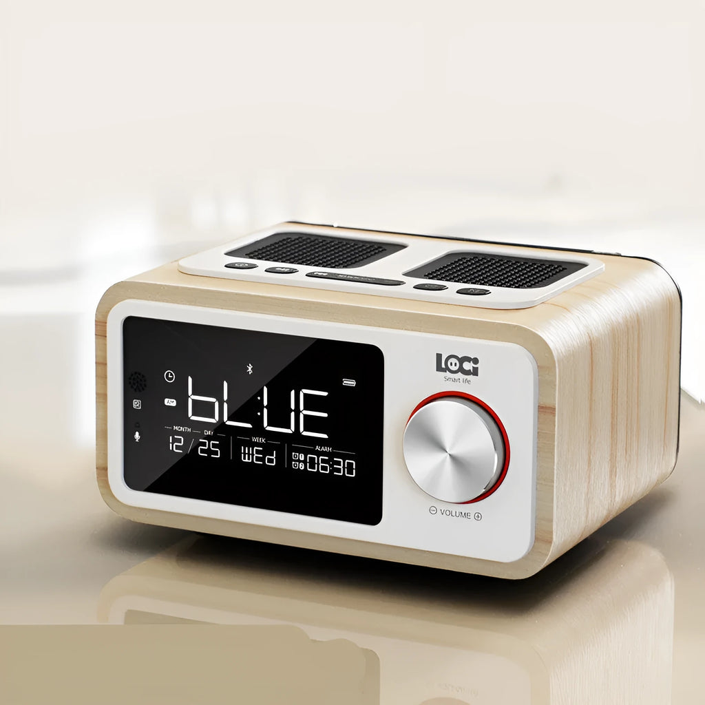 Compact wooden Bluetooth speaker with digital alarm clock display and FM radio functions in golden oil colour finish