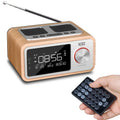 Compact wooden Bluetooth speaker with digital alarm clock display and FM radio functions in golden oil colour finish