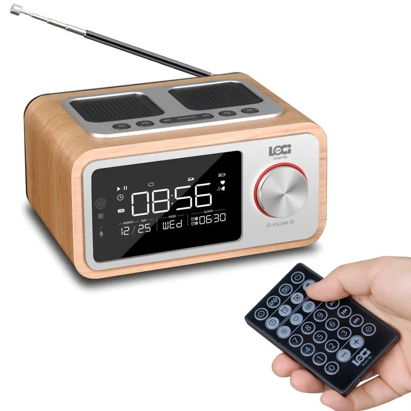 Compact wooden Bluetooth speaker with digital alarm clock display and FM radio functions in golden oil colour finish