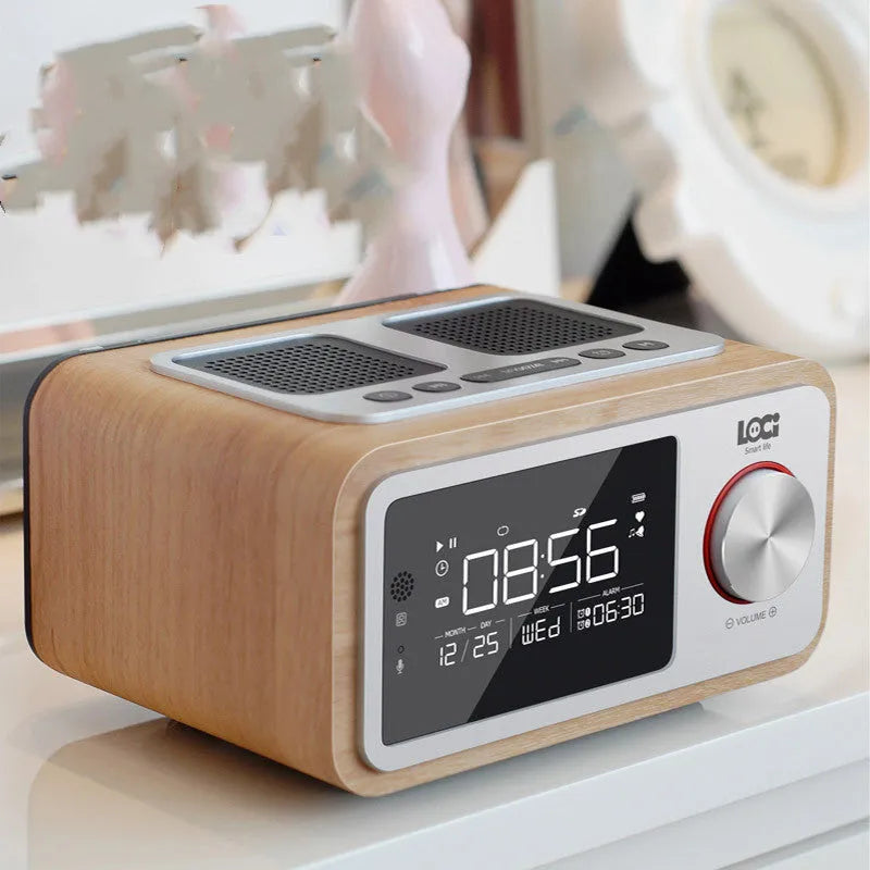 Compact wooden Bluetooth speaker with digital alarm clock display and FM radio functions in golden oil colour finish