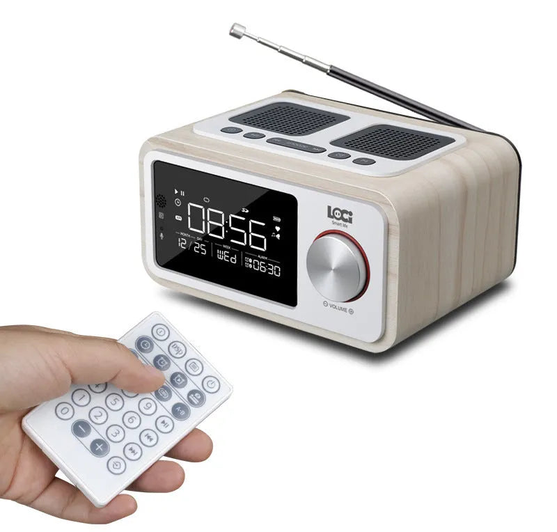 Compact wooden Bluetooth speaker with digital alarm clock display and FM radio functions in golden oil colour finish