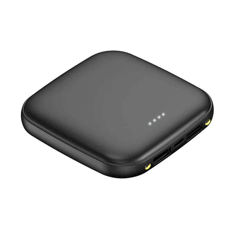 Mini black 20000mAh power bank with LED flashlight, showing dimensions 82x82x27mm