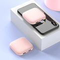 Mini black 20000mAh power bank with LED flashlight, showing dimensions 82x82x27mm