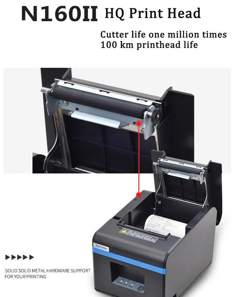 Black 80mm thermal ticket printer for kitchen and restaurant bills, 184 x 133 x 143mm, with 300m paper roll
