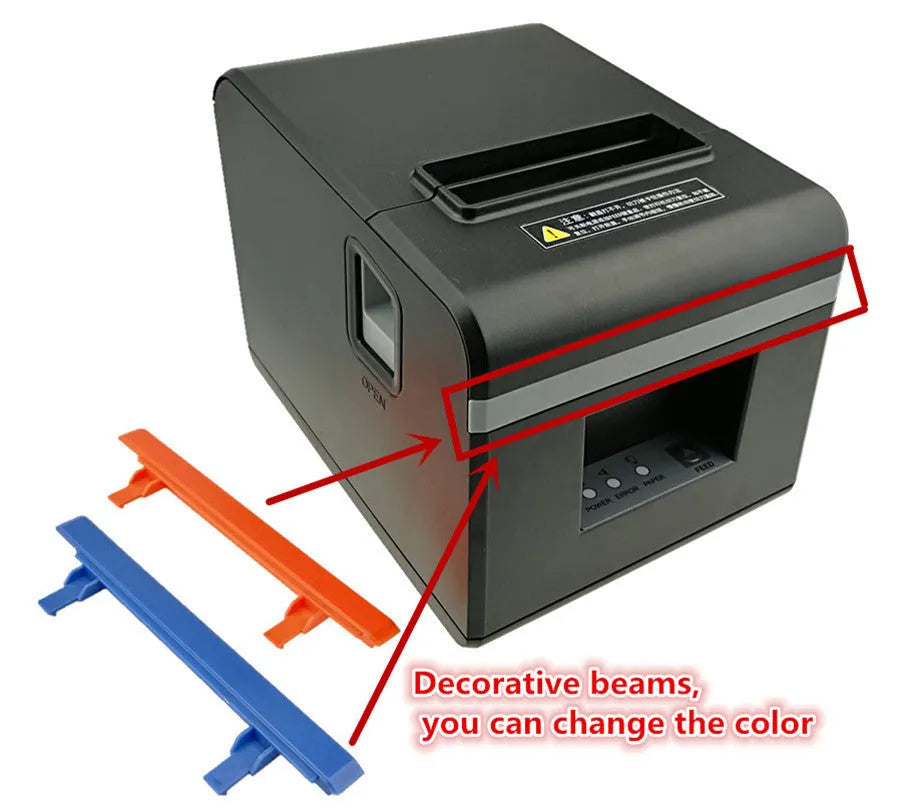 Black 80mm thermal ticket printer for kitchen and restaurant bills, 184 x 133 x 143mm, with 300m paper roll