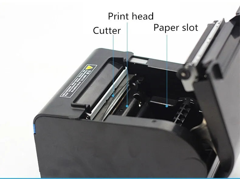 Black 80mm thermal ticket printer for kitchen and restaurant bills, 184 x 133 x 143mm, with 300m paper roll