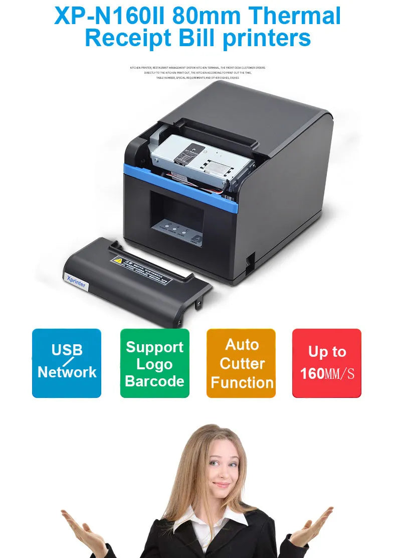 Black 80mm thermal ticket printer for kitchen and restaurant bills, 184 x 133 x 143mm, with 300m paper roll