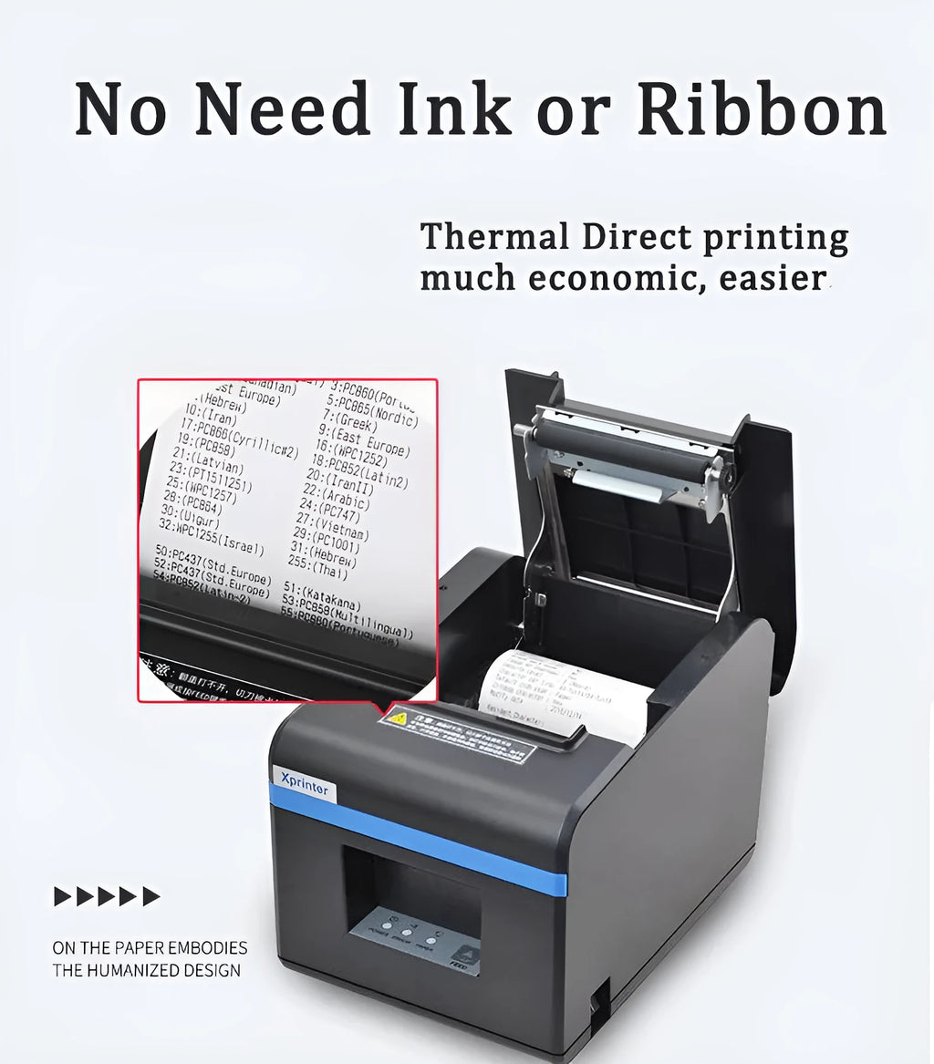 Black 80mm thermal ticket printer for kitchen and restaurant bills, 184 x 133 x 143mm, with 300m paper roll