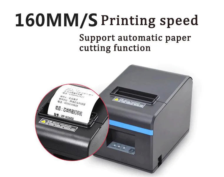Black 80mm thermal ticket printer for kitchen and restaurant bills, 184 x 133 x 143mm, with 300m paper roll
