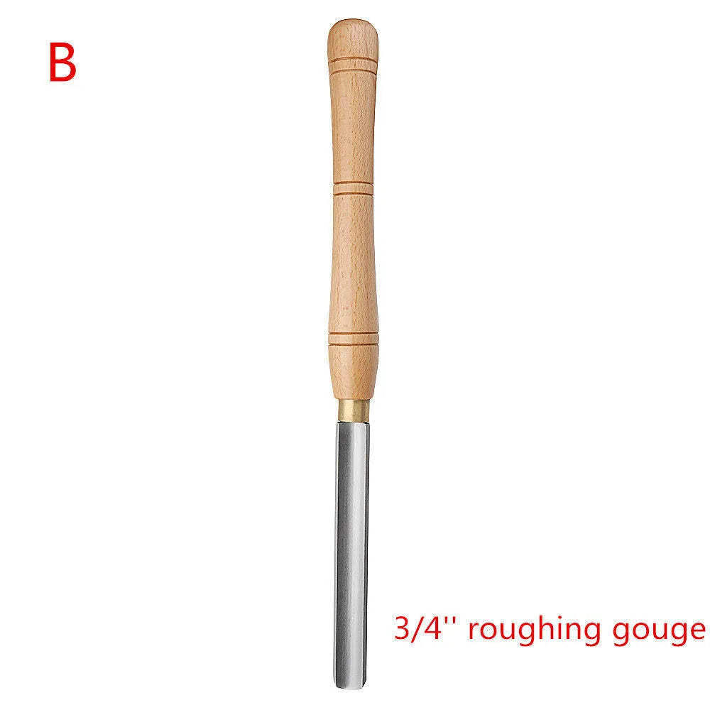 Wooden box open to show eight chrome vanadium steel woodturning tools including gouges and scrapers.