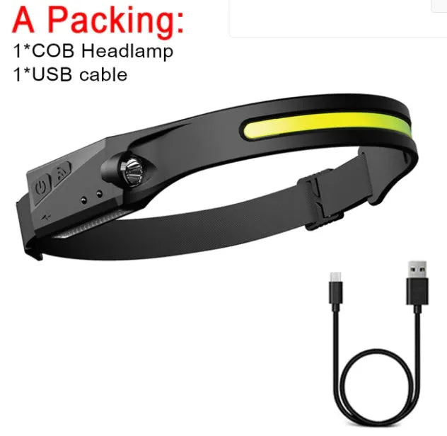 Black silicone induction light with touch switch and attached strap for running and fishing.