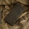 Men's retro crazy horse leather long vertical wallet in dark brown with car suture detailing and two-fold design