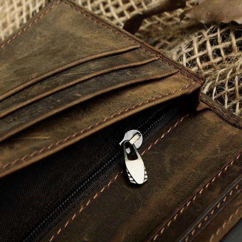 Men's retro crazy horse leather long vertical wallet in dark brown with car suture detailing and two-fold design