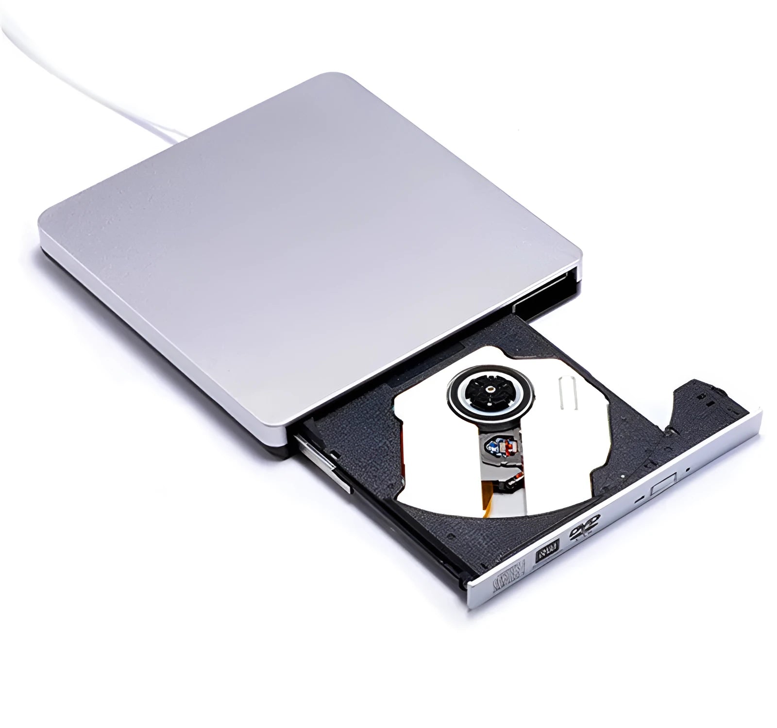 External USB 3.0 DVD burner tray-loading optical drive in black with silver black wire rod