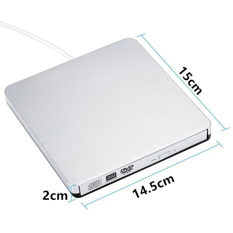 External USB 3.0 DVD burner tray-loading optical drive in black with silver black wire rod