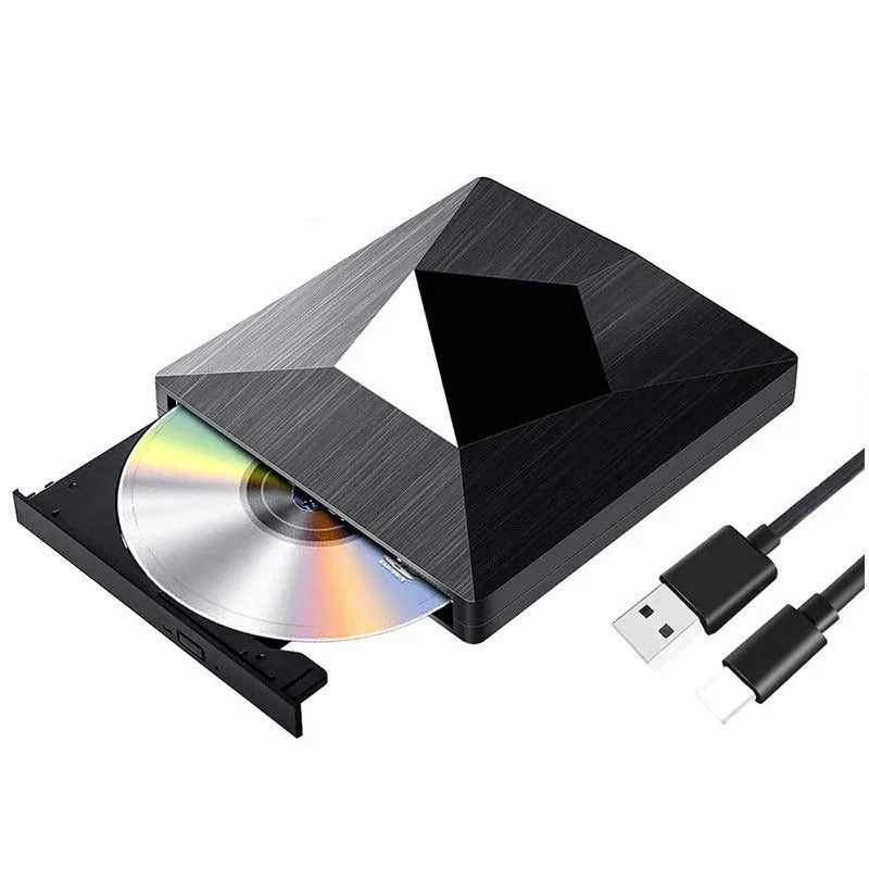 External USB 3.0 DVD burner tray-loading optical drive in black with silver black wire rod