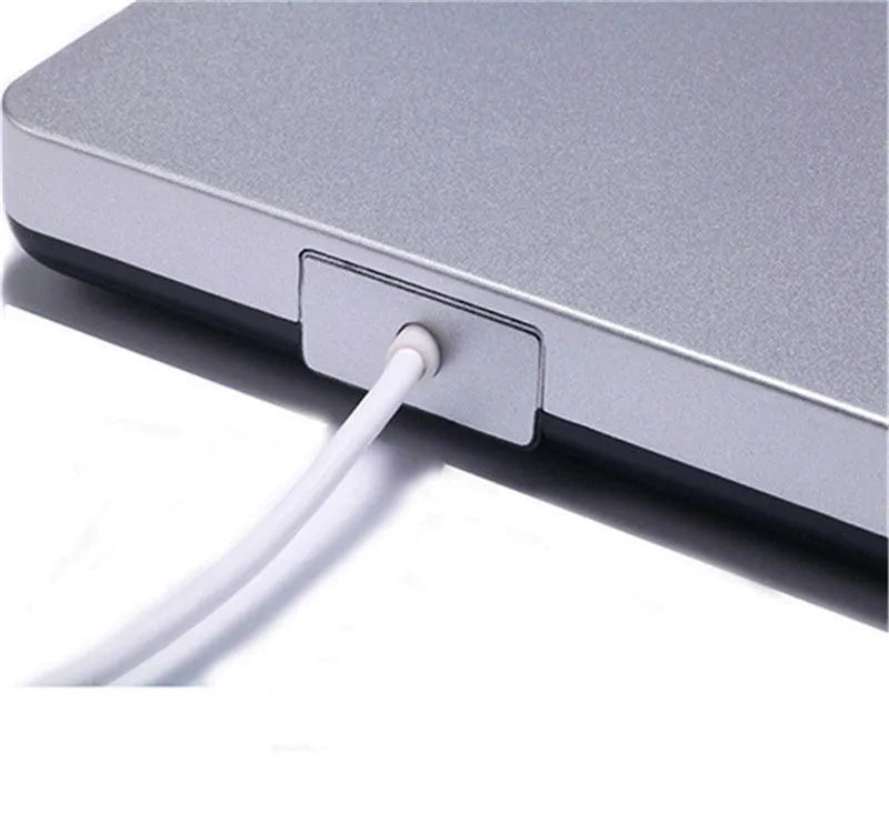 External USB 3.0 DVD burner tray-loading optical drive in black with silver black wire rod