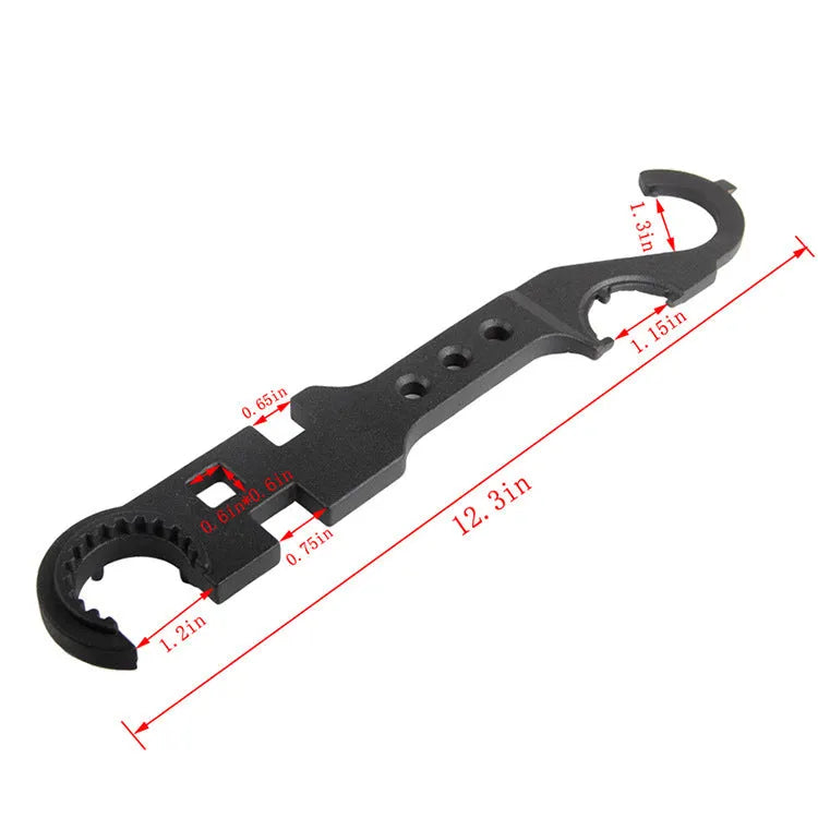 Black all-steel dual purpose combination wrench for Ar15 and M4 firearm maintenance.
