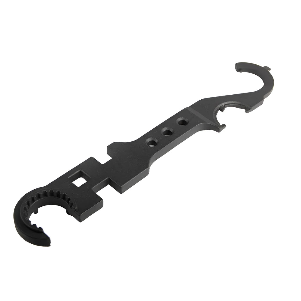 Black all-steel dual purpose combination wrench for Ar15 and M4 firearm maintenance.