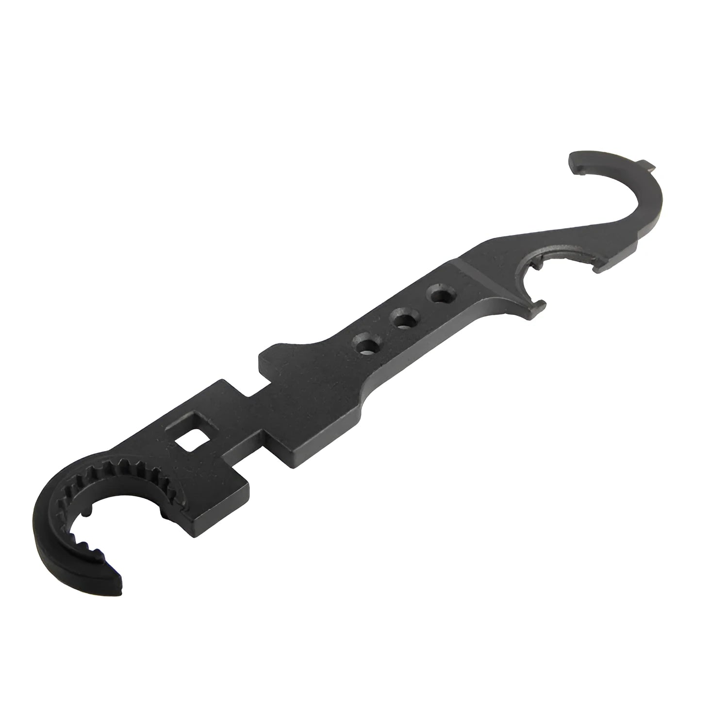 Black all-steel dual purpose combination wrench for Ar15 and M4 firearm maintenance.