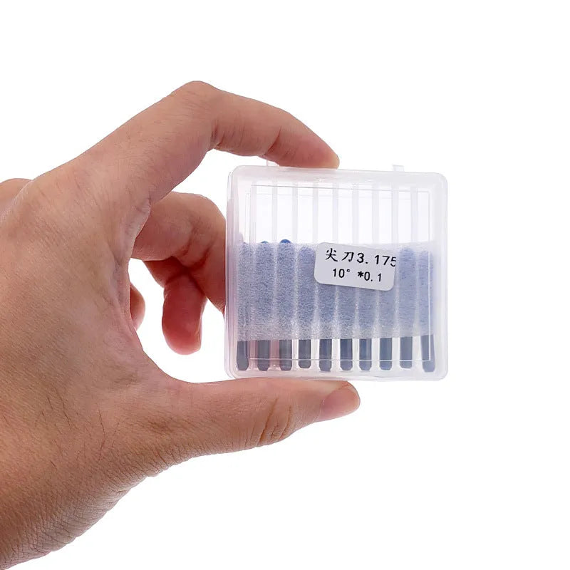 Set of ten tungsten steel flat milling cutter knives for acrylic engraving in a small case.