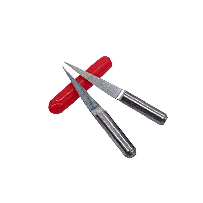 Set of ten tungsten steel flat milling cutter knives for acrylic engraving in a small case.