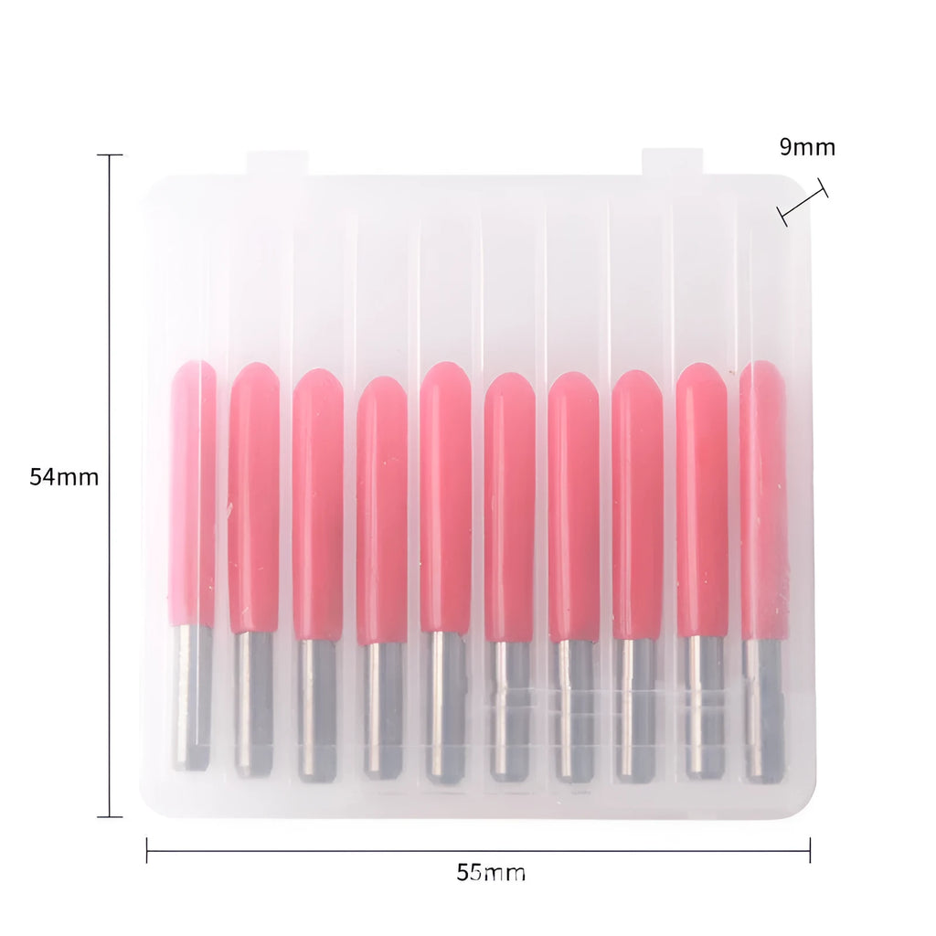 Set of ten tungsten steel flat milling cutter knives for acrylic engraving in a small case.