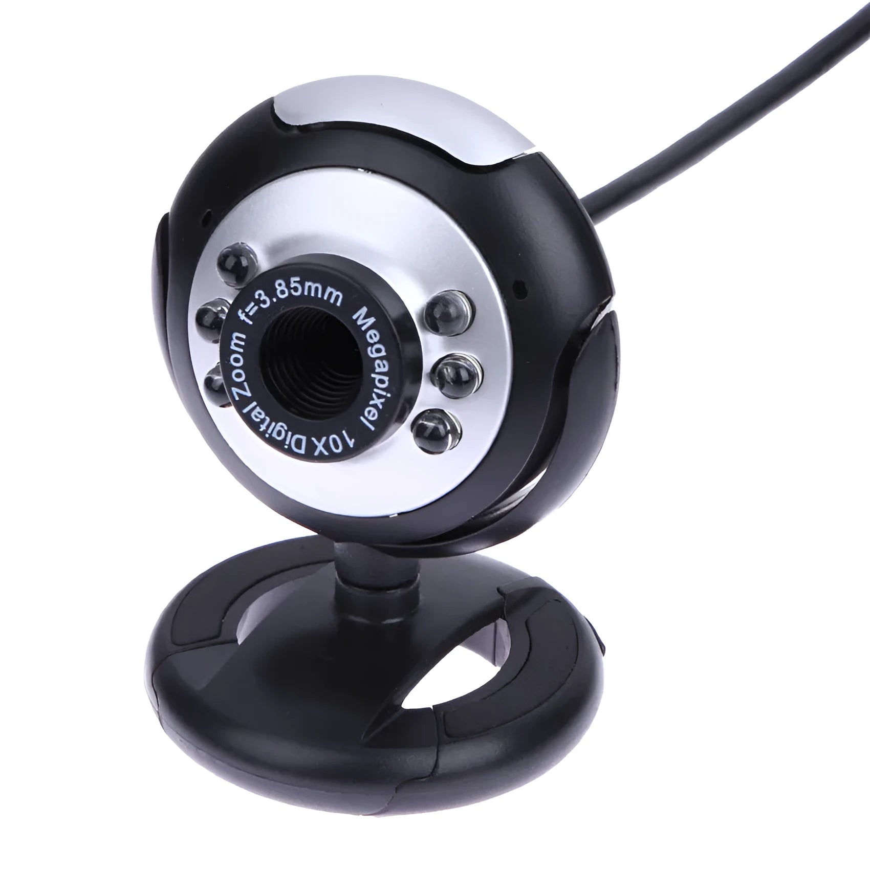 USB computer webcam with ring of six white LED lights around the lens
