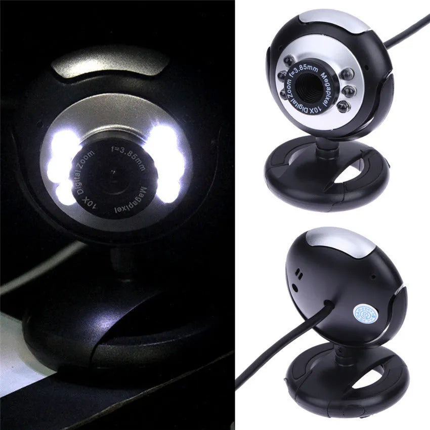 USB computer webcam with ring of six white LED lights around the lens
