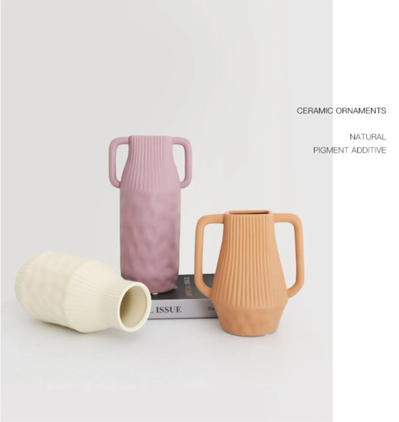 Nordic Morandi style hammer ceramic vase in beige, brown, or purple on a shelf.