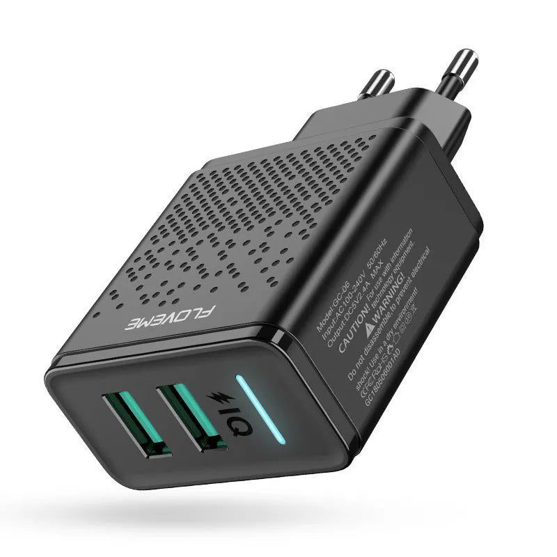 Black and white dual USB port wall charger with EU two-pin plug for European sockets