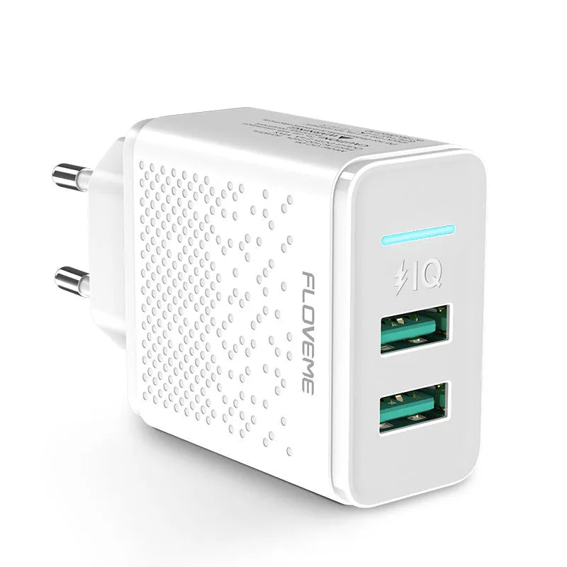 Black and white dual USB port wall charger with EU two-pin plug for European sockets