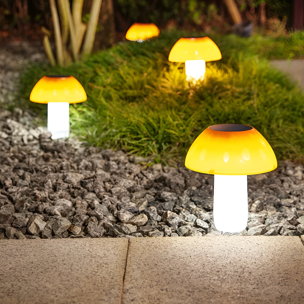 Solar garden mushroom ground plug light showing white and warm white LED light options