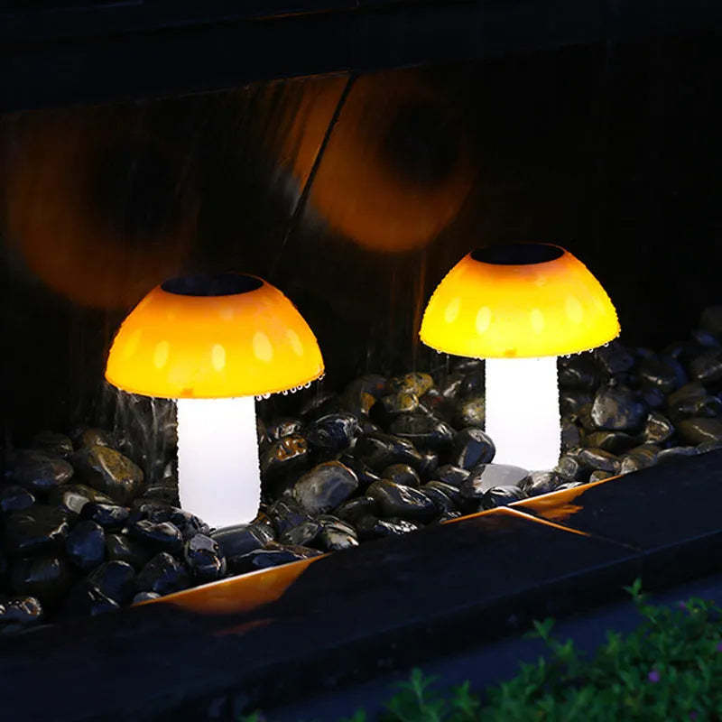 Solar garden mushroom ground plug light showing white and warm white LED light options