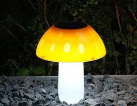 Solar garden mushroom ground plug light showing white and warm white LED light options