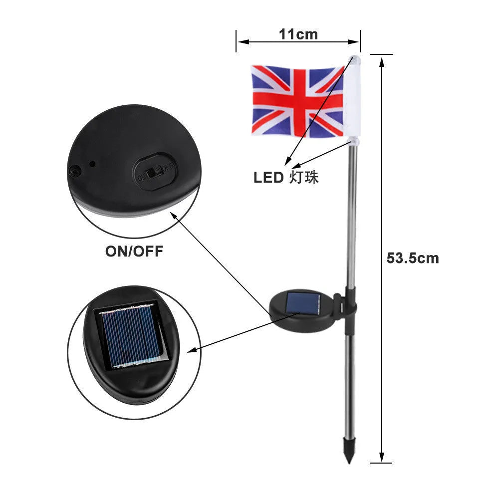 Solar garden flag light with stainless steel stake showing American flag design illuminated by white LEDs