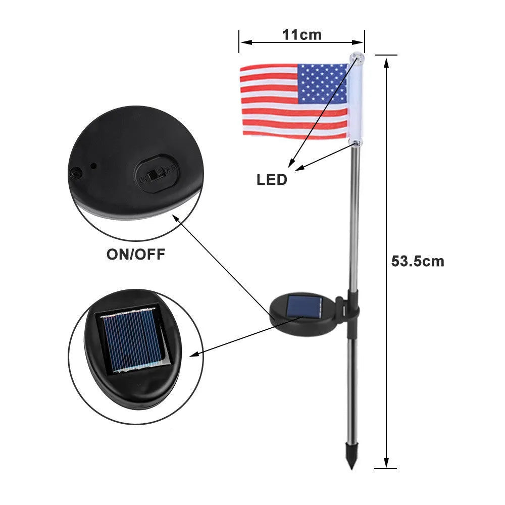 Solar garden flag light with stainless steel stake showing American flag design illuminated by white LEDs